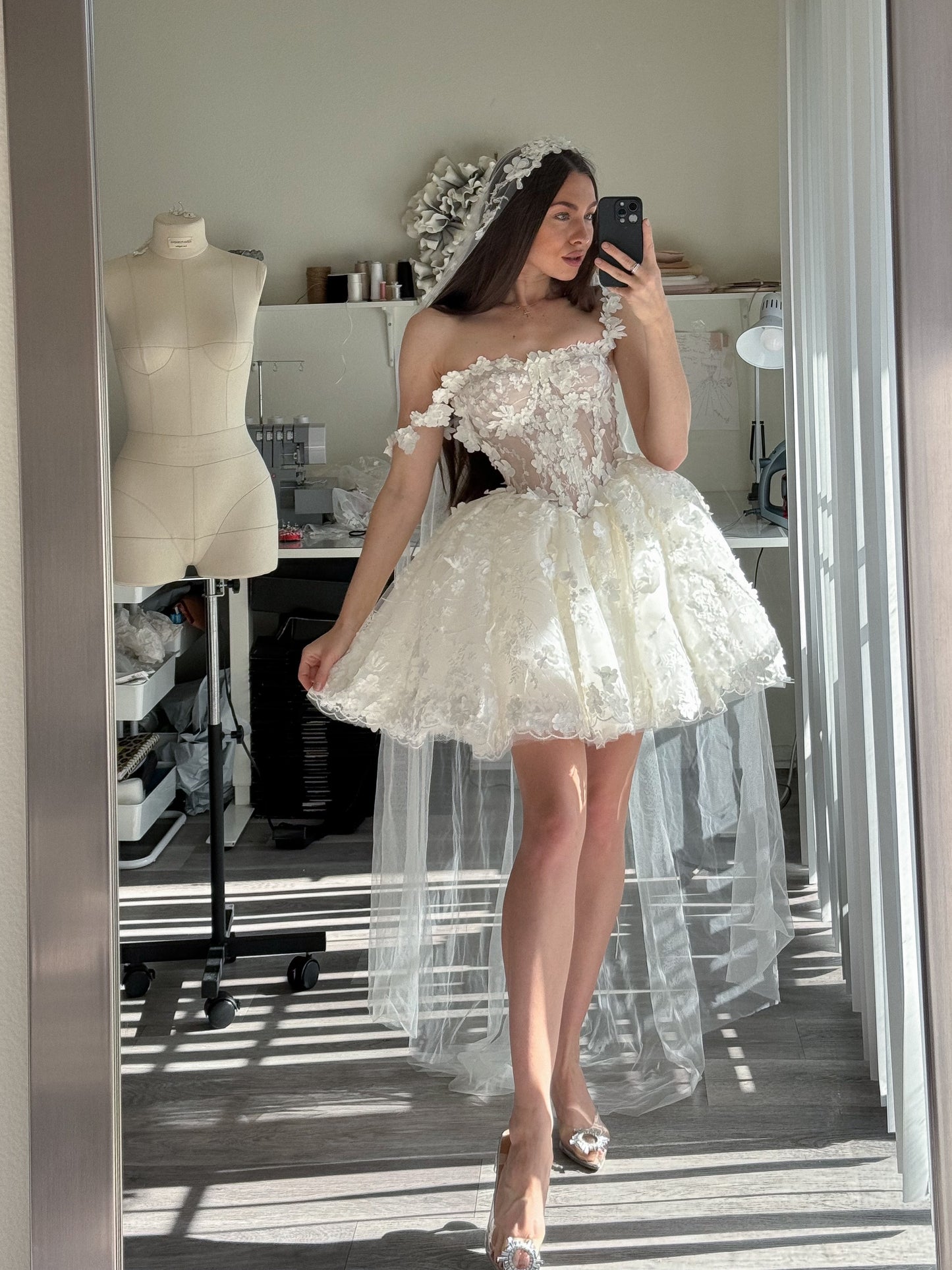 Alexa / Mini off white lace dress with spaghetti straps.