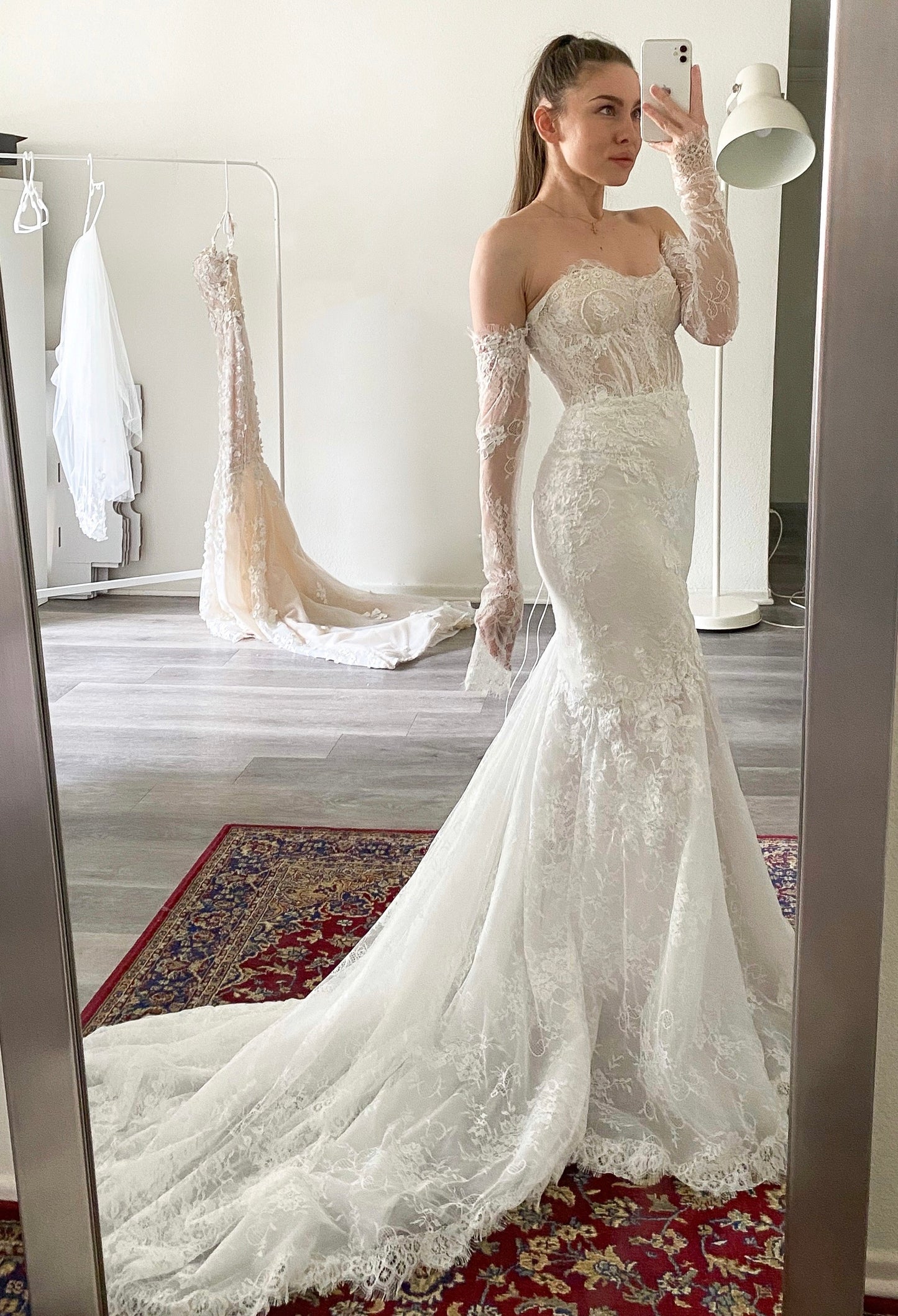 Anastasia/ Lace mermaid wedding dress with detachable sleeves.