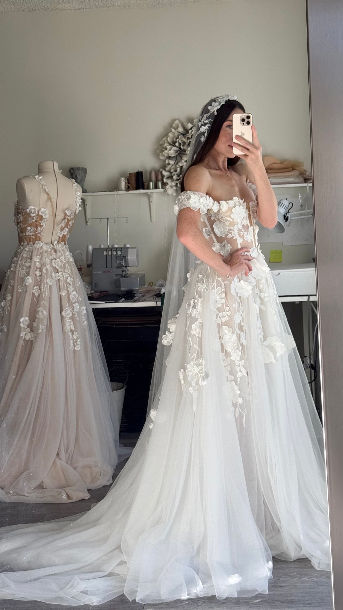 Amelia / Lace Wedding Dress with Off-Shoulder Straps and Train | Handmade Bridal Gown