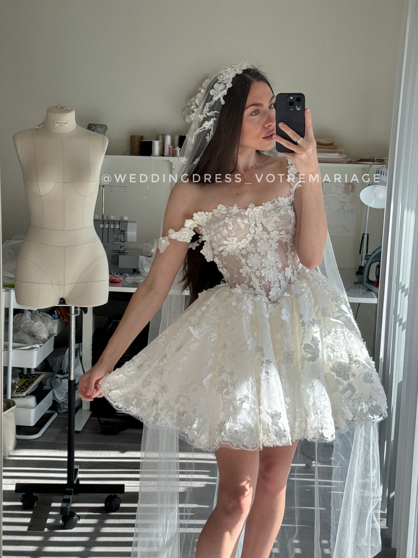 Alexa / Mini off white lace dress with spaghetti straps.