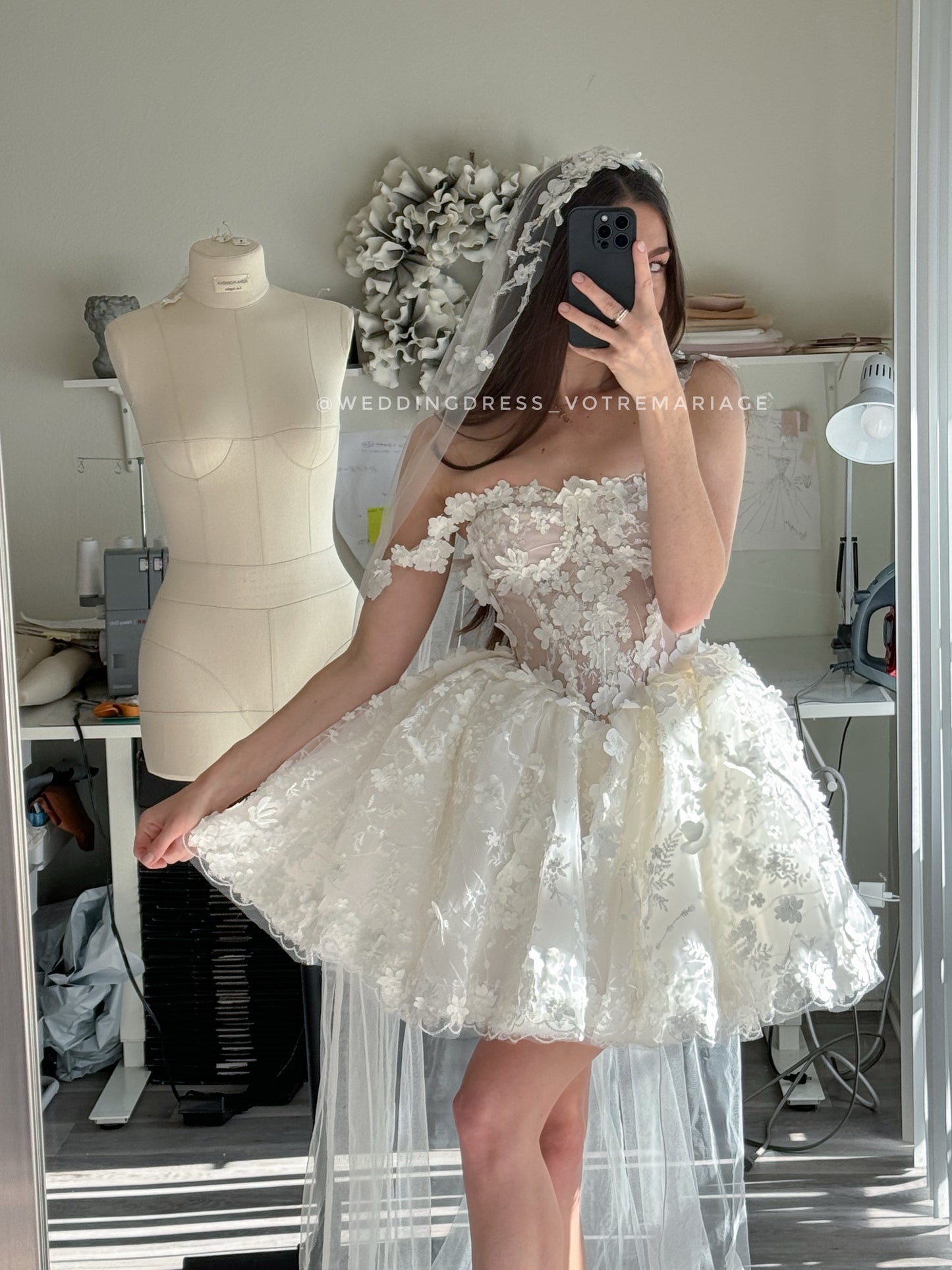 Alexa / Mini off white lace dress with spaghetti straps.