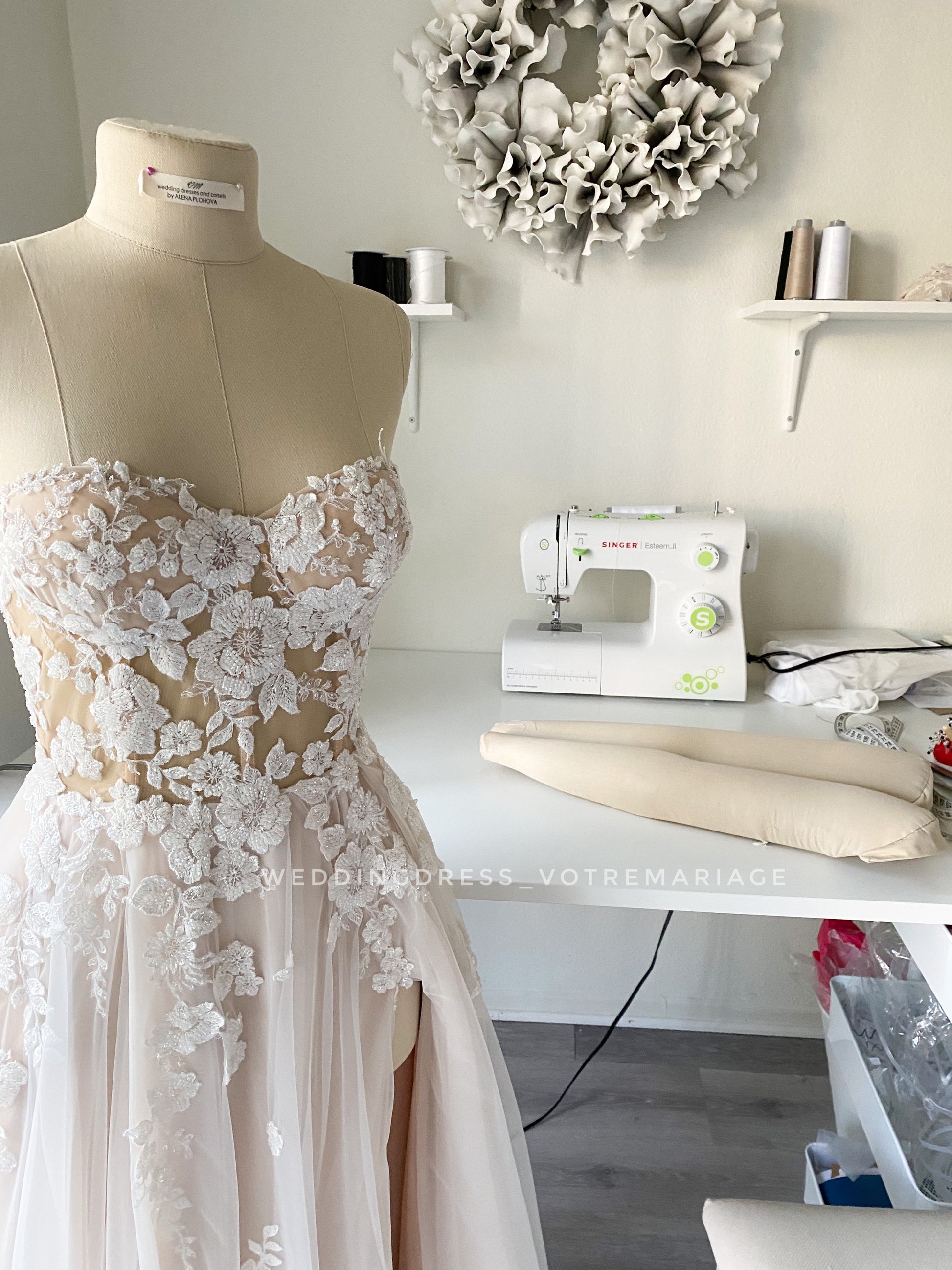 Wedding dress with deep slit