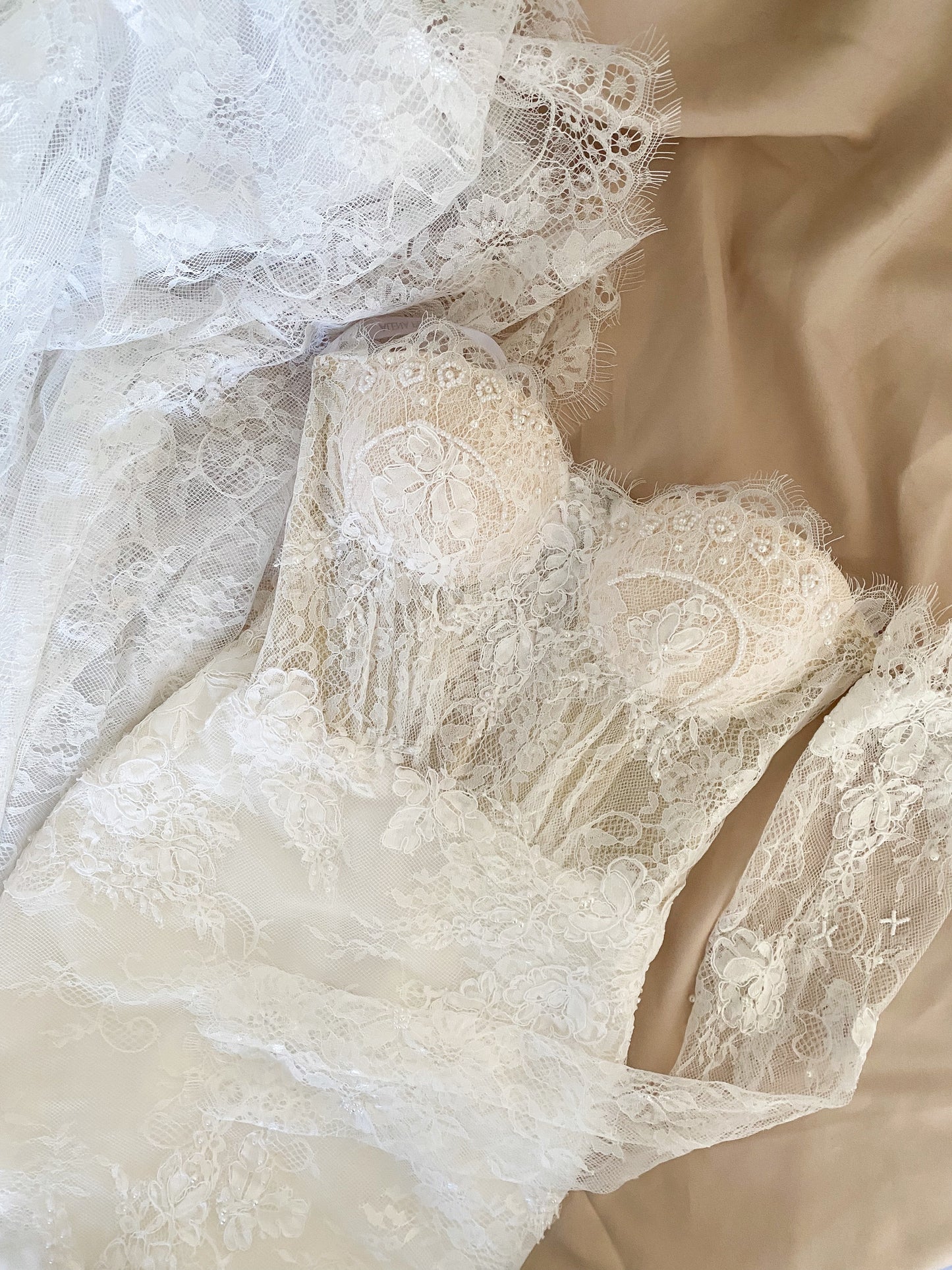 Anastasia/ Lace mermaid wedding dress with detachable sleeves.
