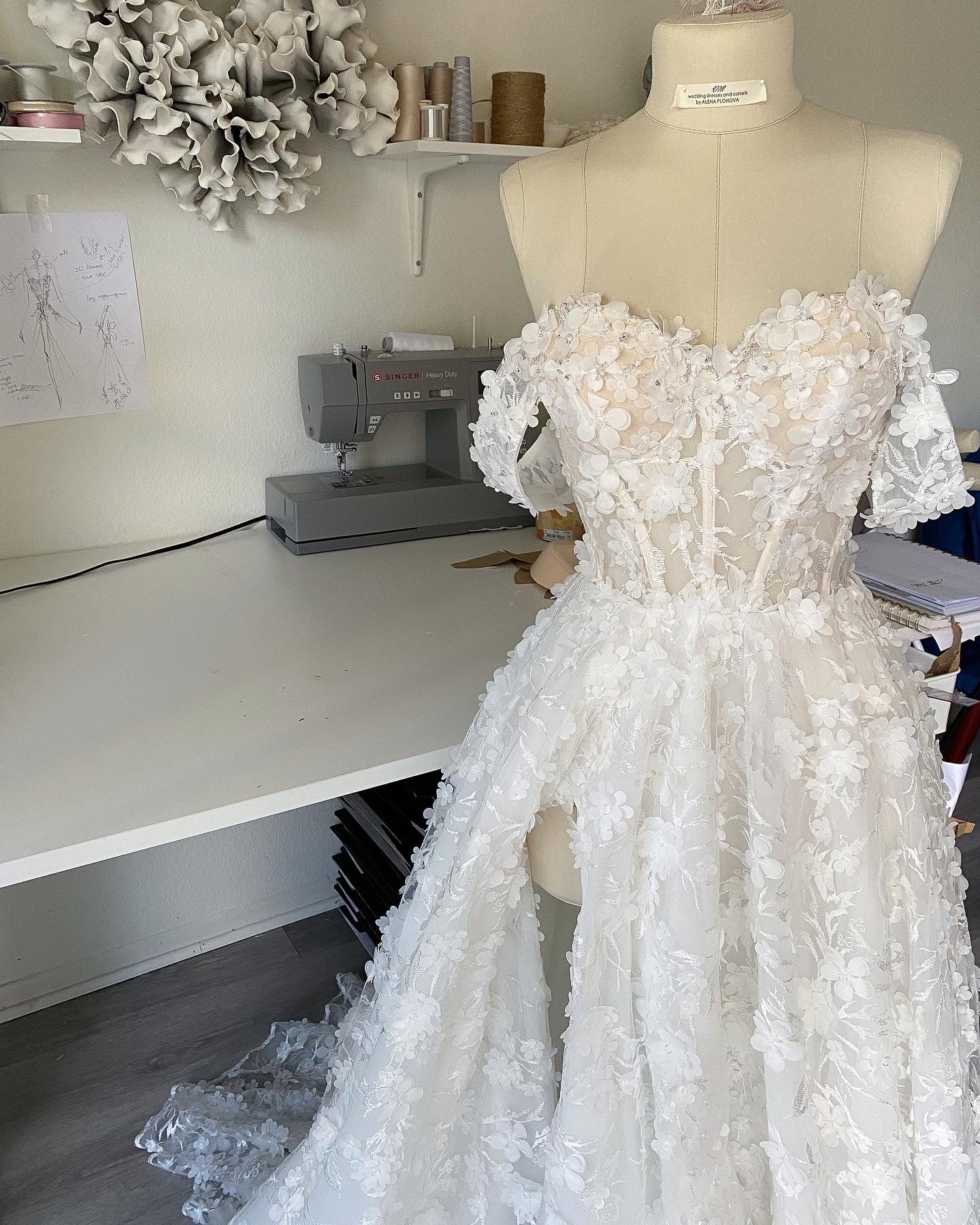 Rosa/ 3D Lace Wedding Dress with High Slit