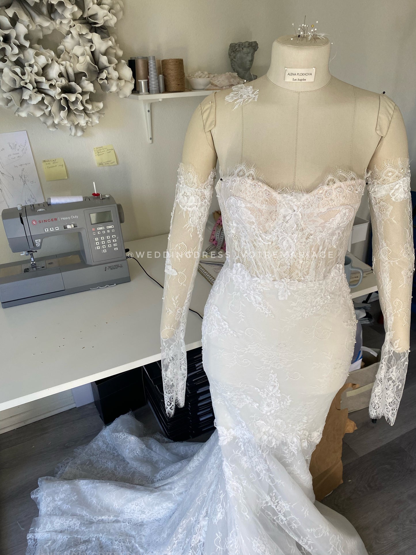 Anastasia/ Lace mermaid wedding dress with detachable sleeves.