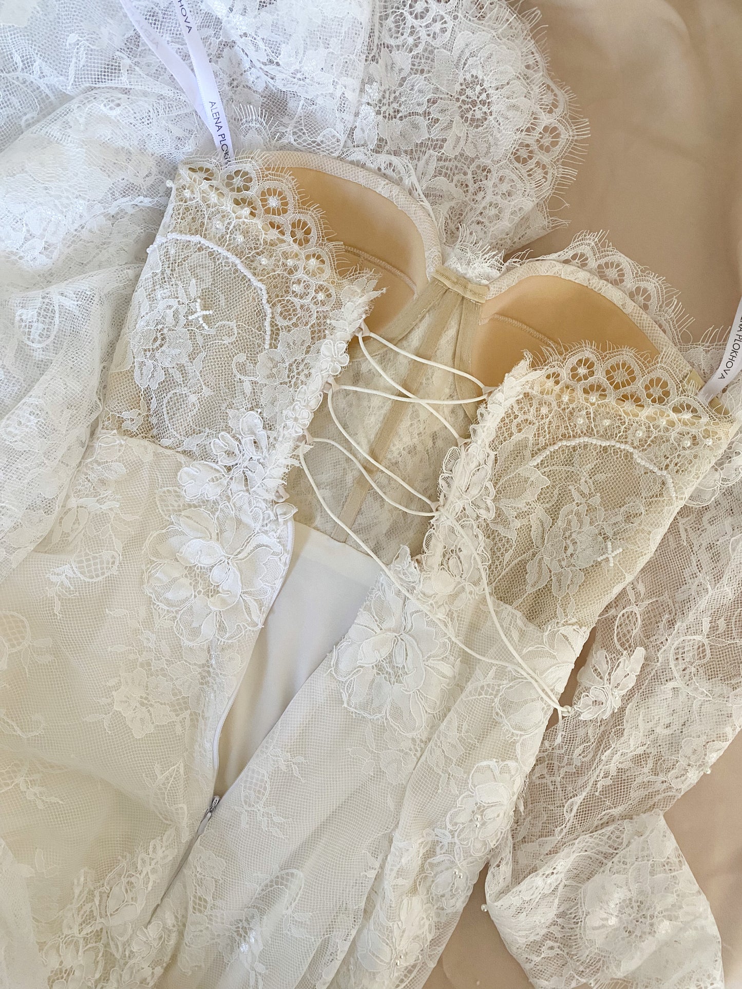 Anastasia/ Lace mermaid wedding dress with detachable sleeves.
