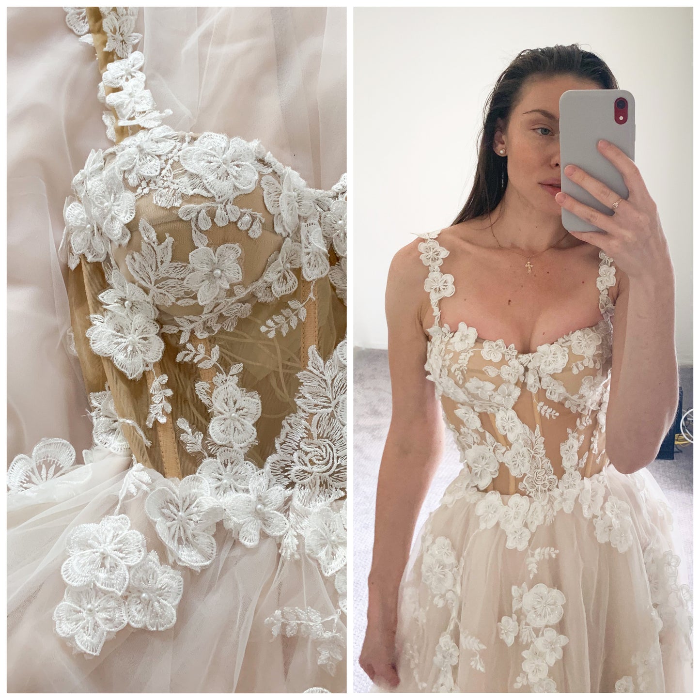Medina/ Blush A-line wedding dress with 3D flower embroidery
