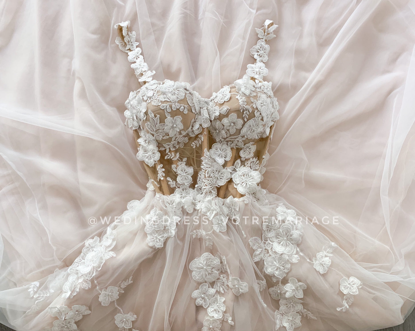 Medina/ Blush A-line wedding dress with 3D flower embroidery