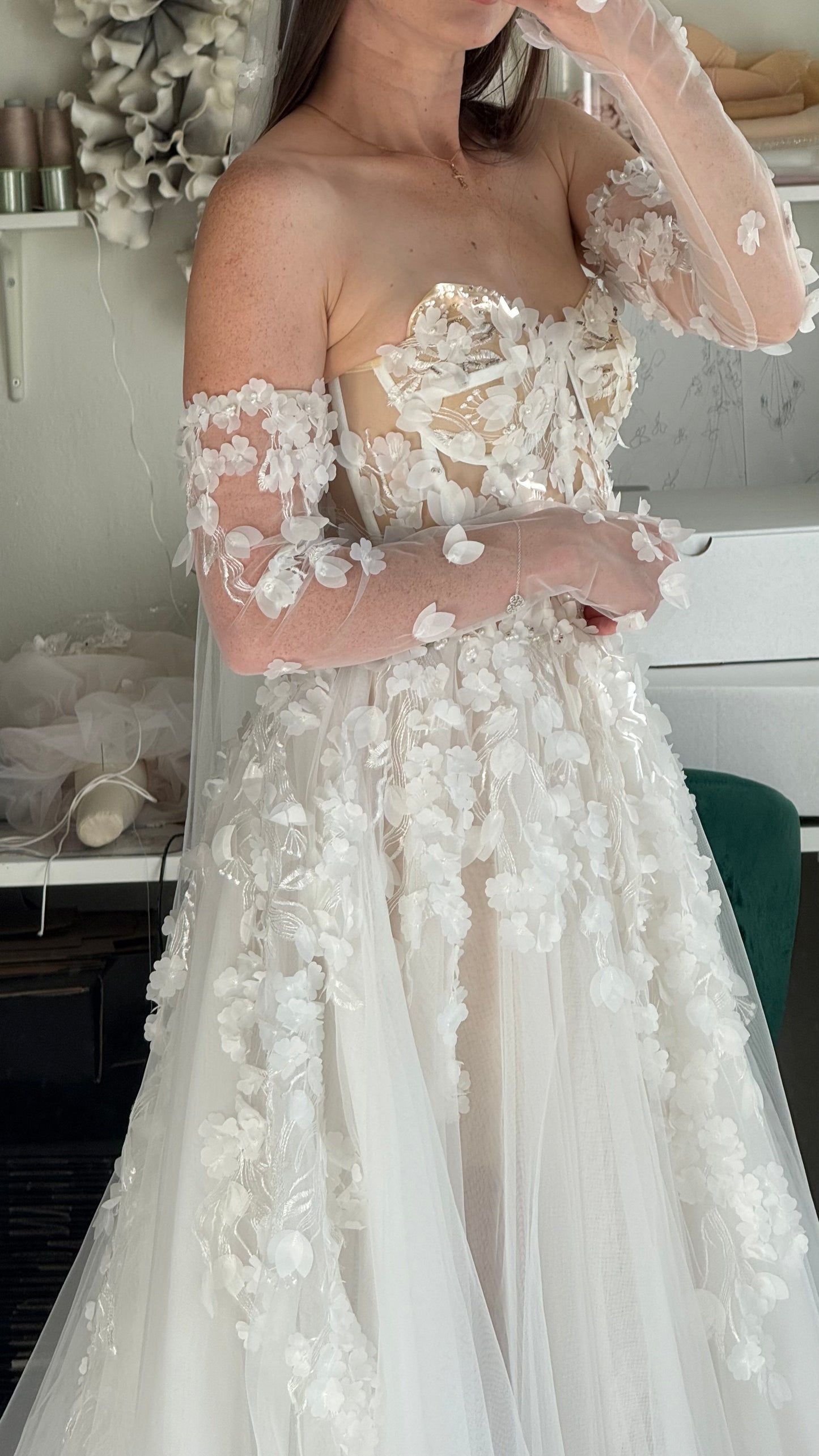 Briana /Lace Corset Wedding Dress With a Long Train and sleeves