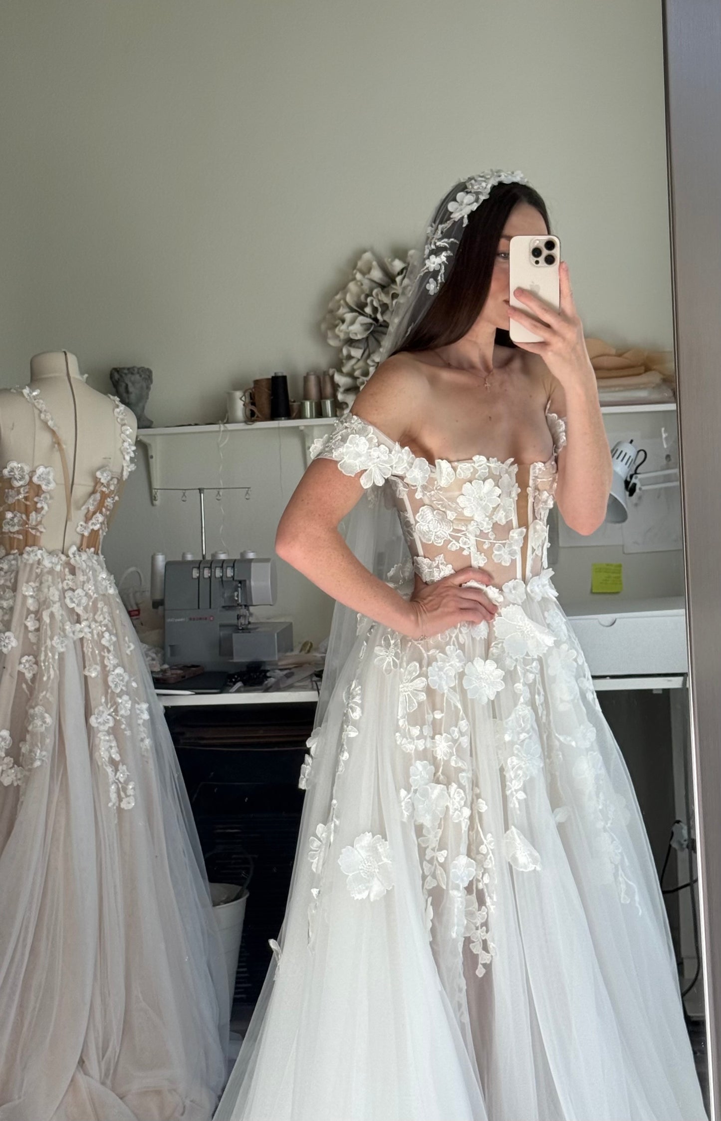 Amelia / Lace Wedding Dress with Off-Shoulder Straps and Train | Handmade Bridal Gown
