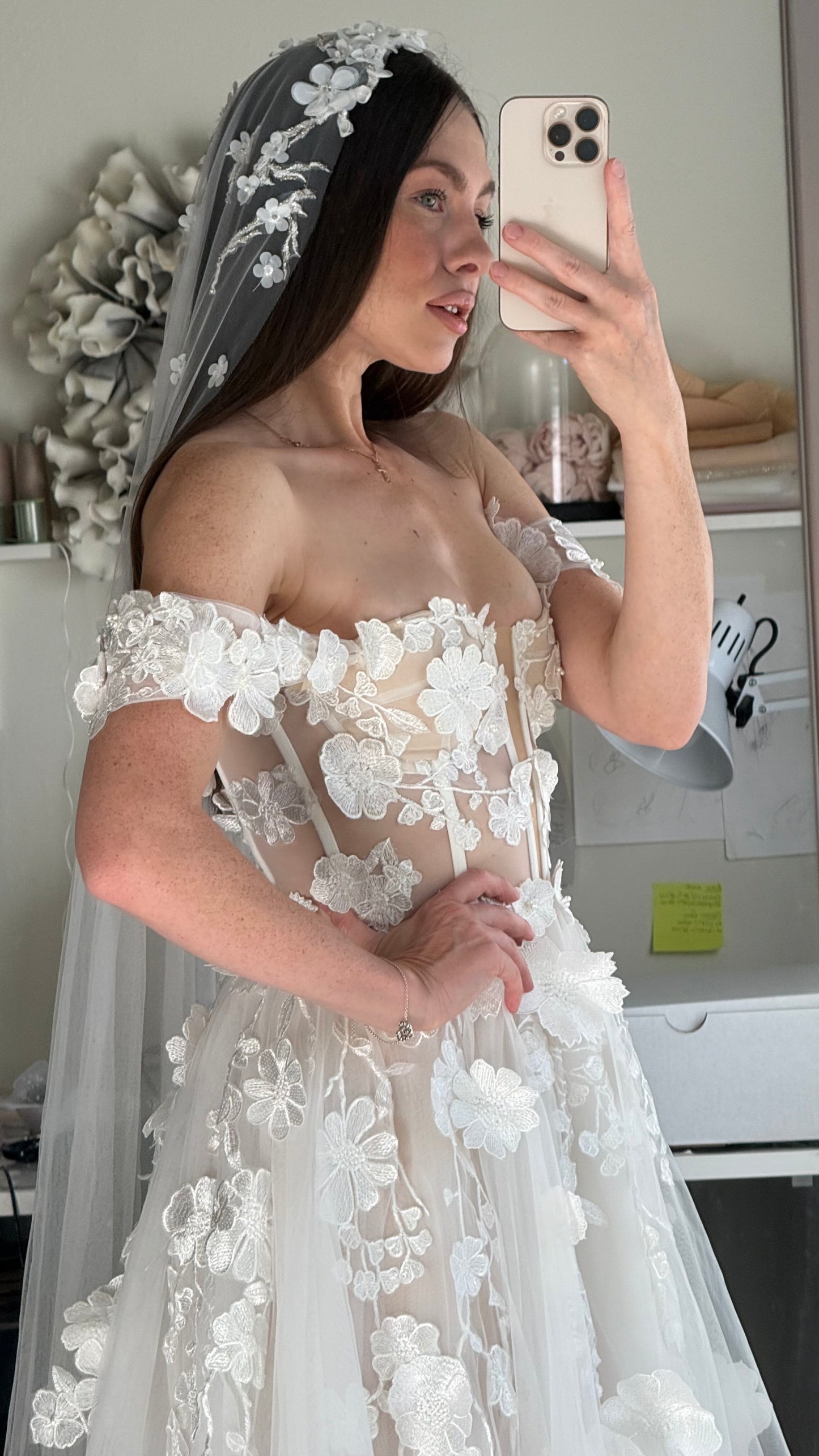 Amelia / Lace Wedding Dress with Off-Shoulder Straps and Train | Handmade Bridal Gown