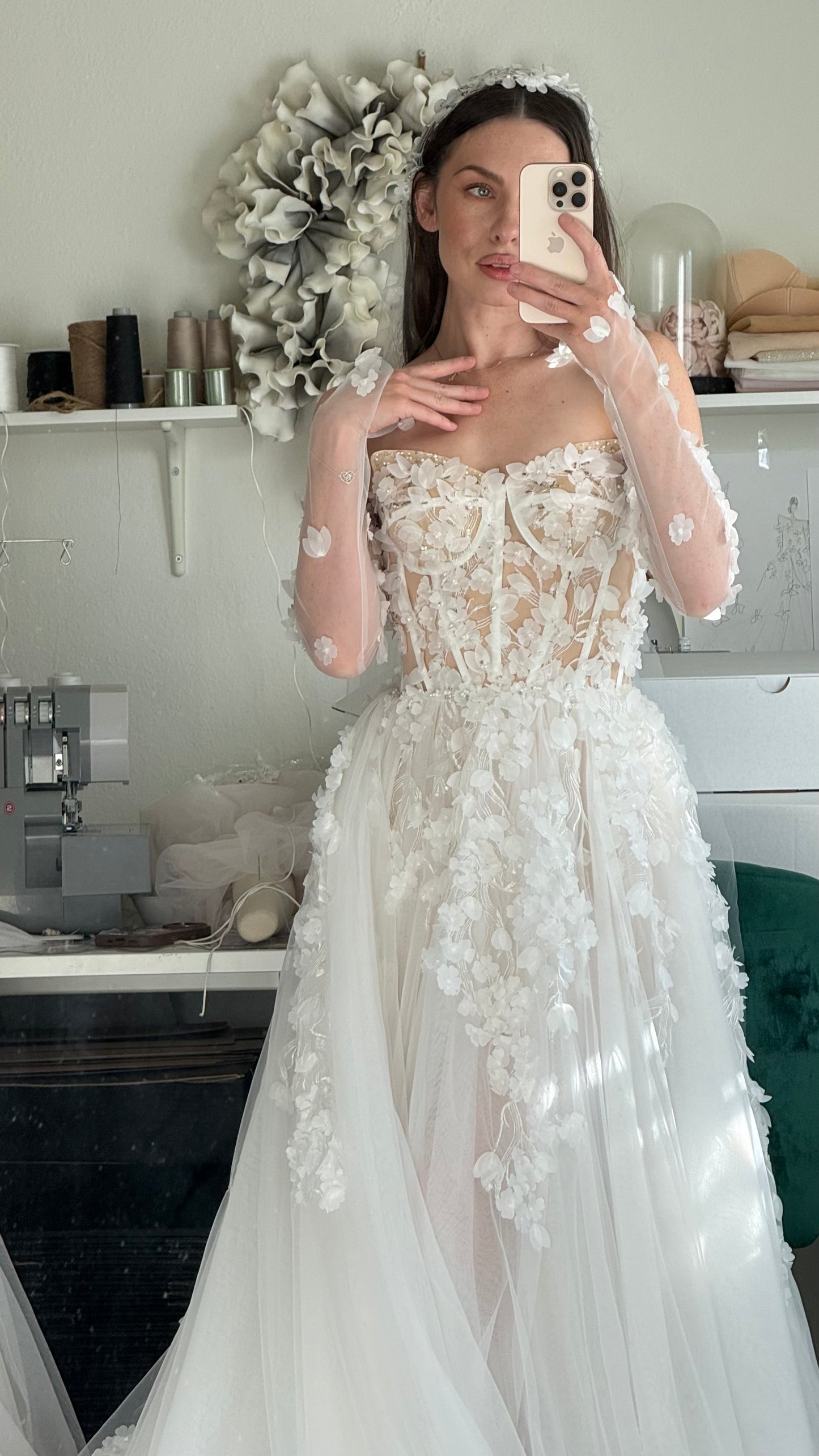 Briana /Lace Corset Wedding Dress With a Long Train and sleeves