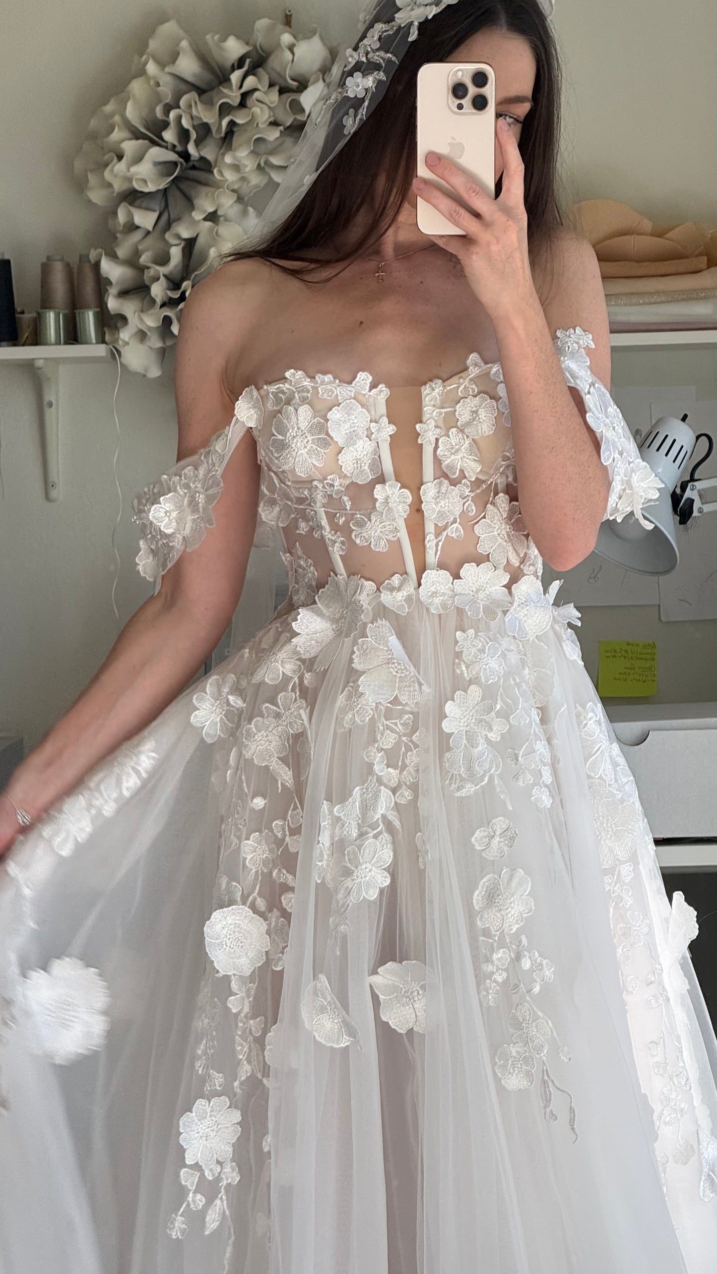 Amelia / Lace Wedding Dress with Off-Shoulder Straps and Train | Handmade Bridal Gown