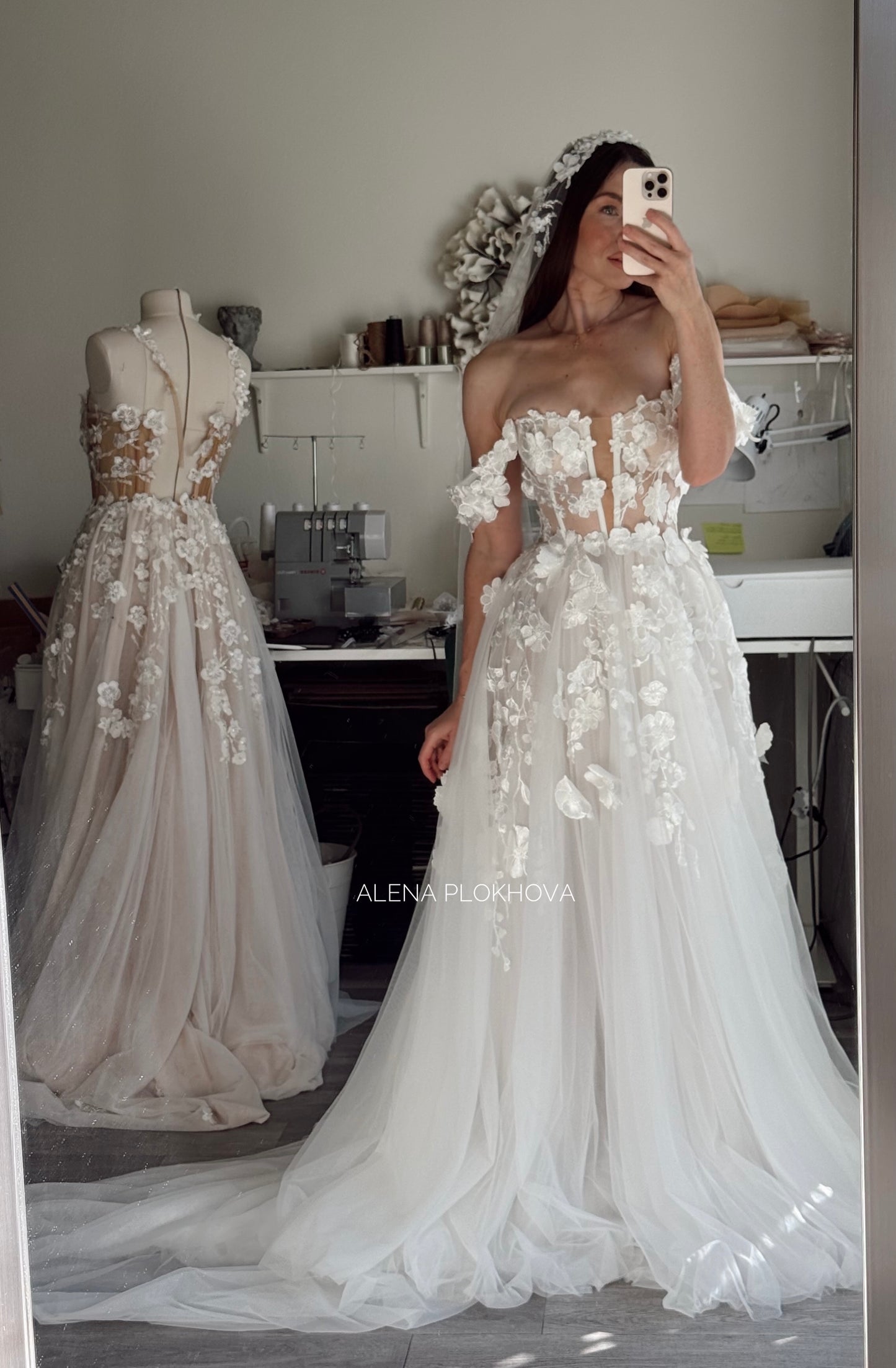 Amelia / Lace Wedding Dress with Off-Shoulder Straps and Train | Handmade Bridal Gown
