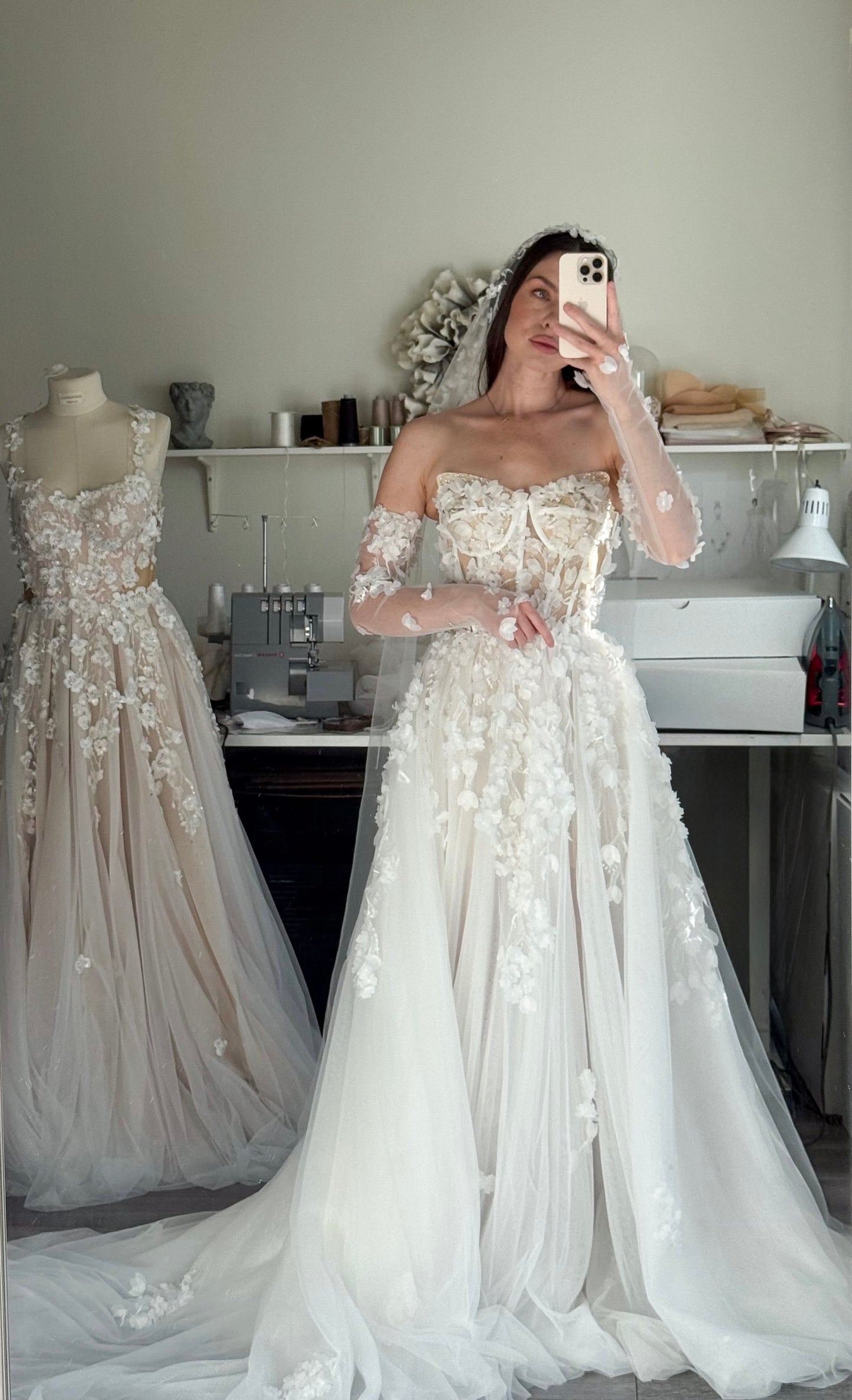 Briana /Lace Corset Wedding Dress With a Long Train and sleeves