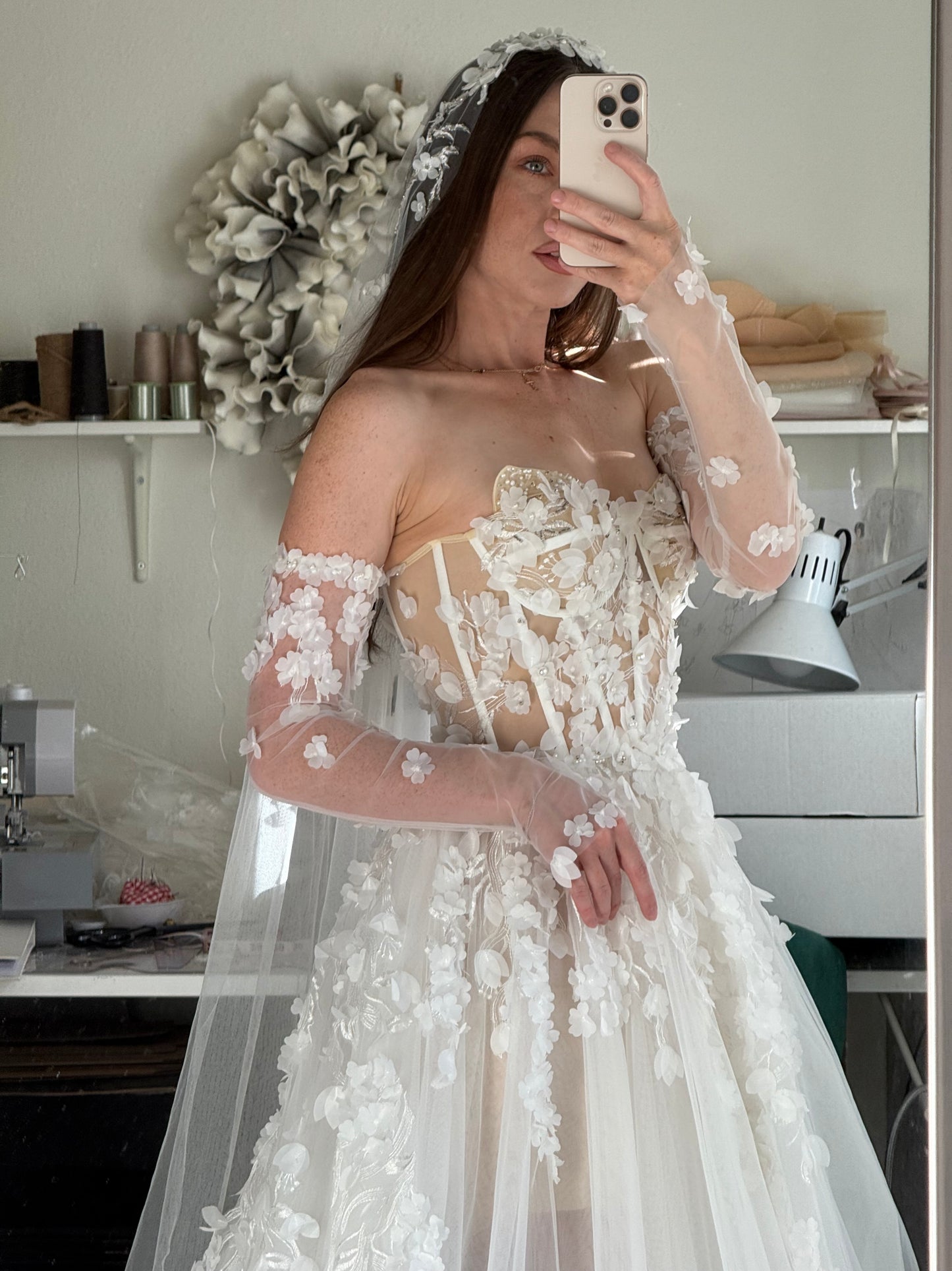 Briana /Lace Corset Wedding Dress With a Long Train and sleeves