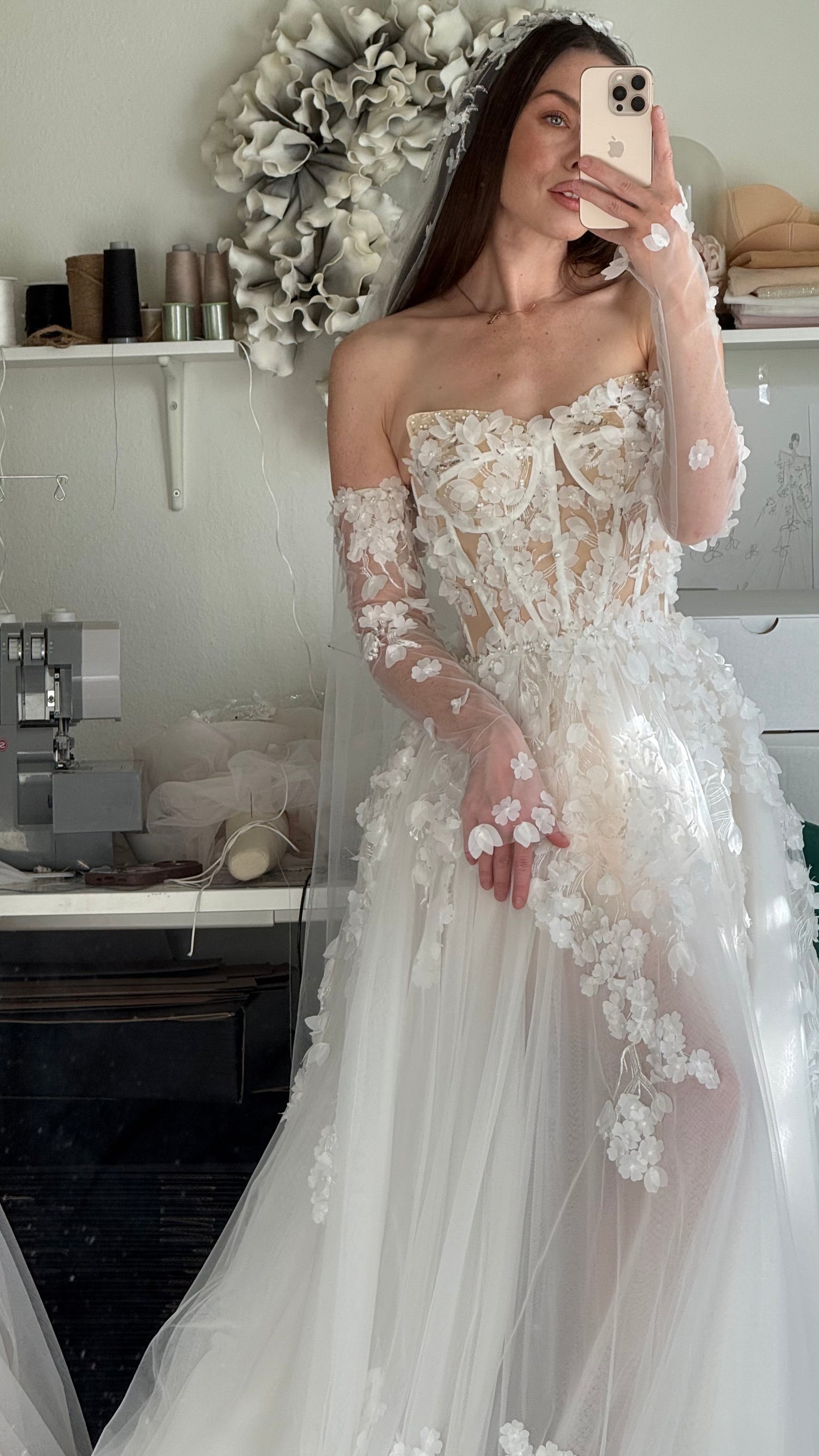 Briana /Lace Corset Wedding Dress With a Long Train and sleeves