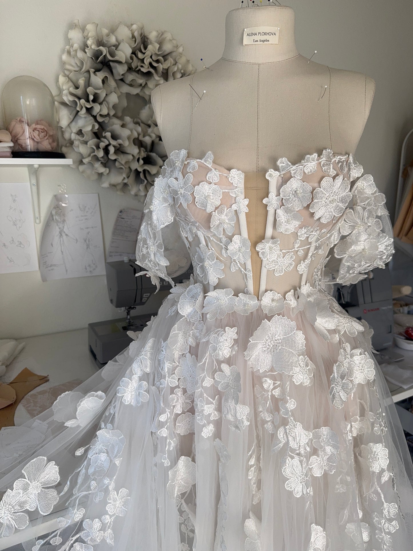 Amelia / Lace Wedding Dress with Off-Shoulder Straps and Train | Handmade Bridal Gown