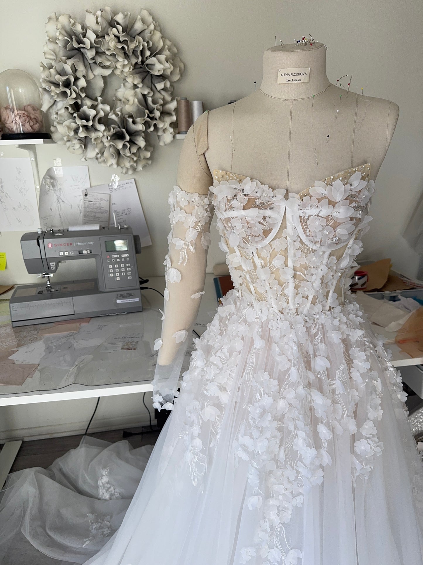 Briana /Lace Corset Wedding Dress With a Long Train and sleeves