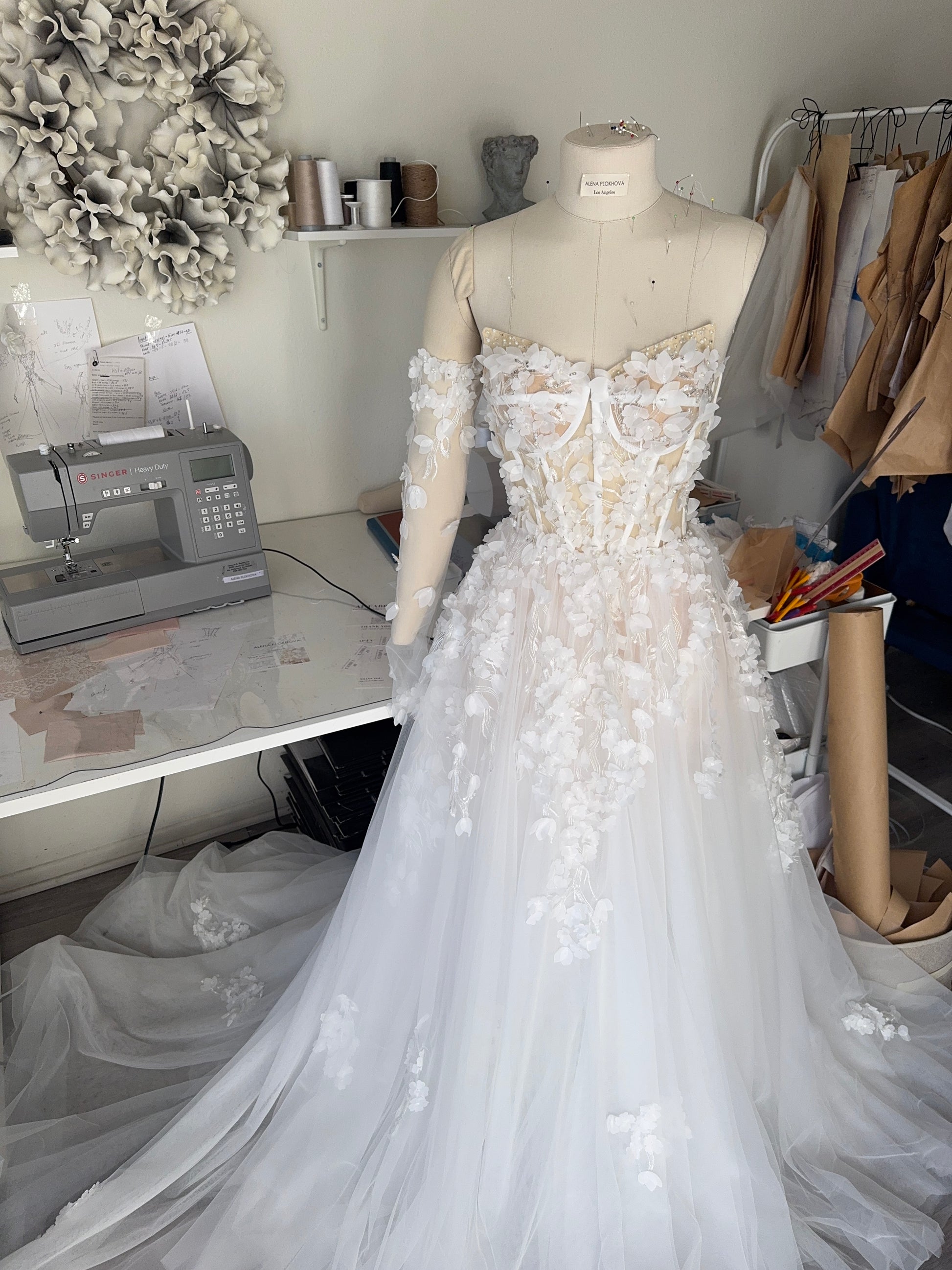 Briana /Lace Corset Wedding Dress With a Long Train and sleeves