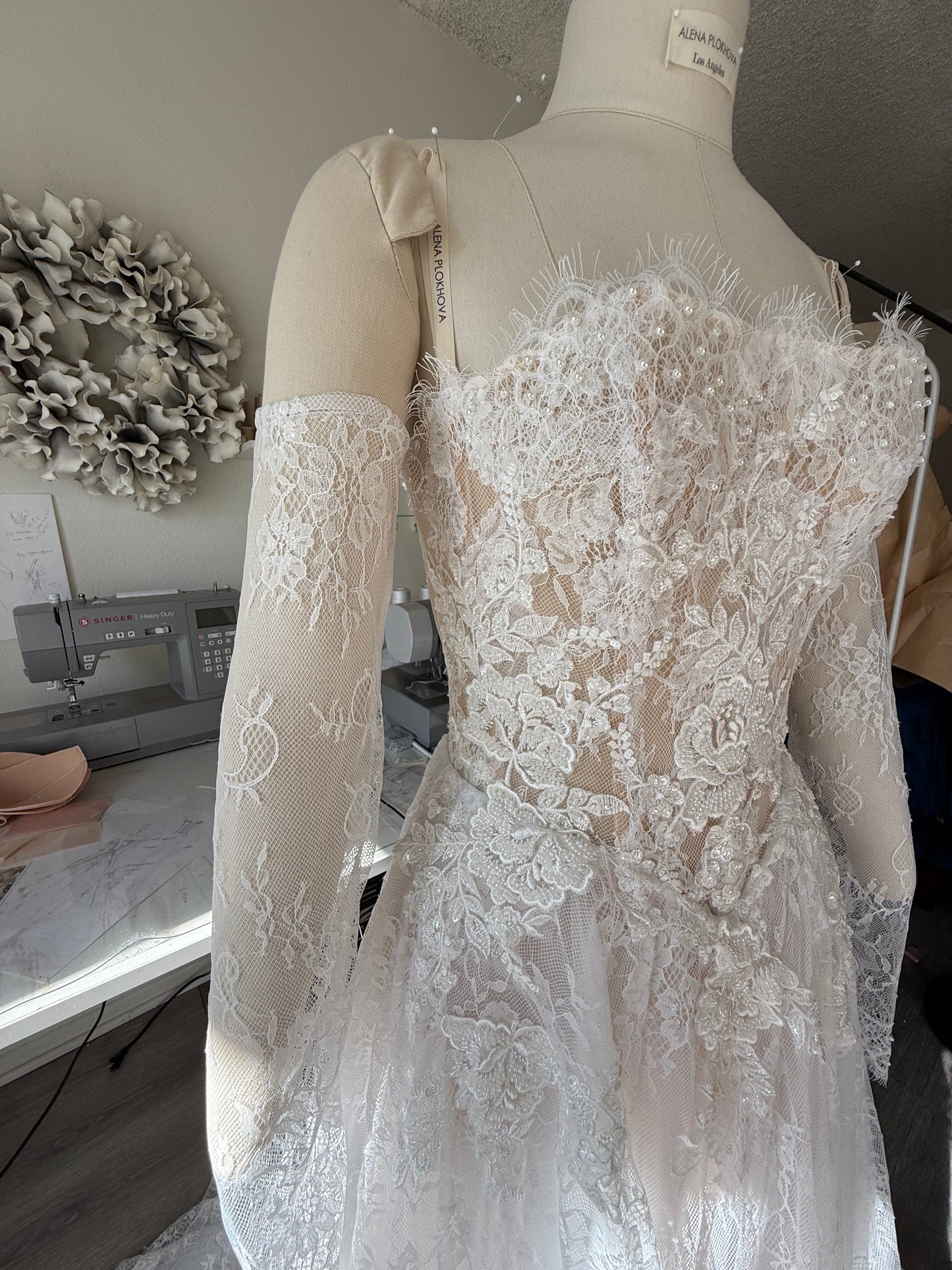 Barbara / Lace Wedding Dress With Straight Shape Corset And Detachable Sleeves