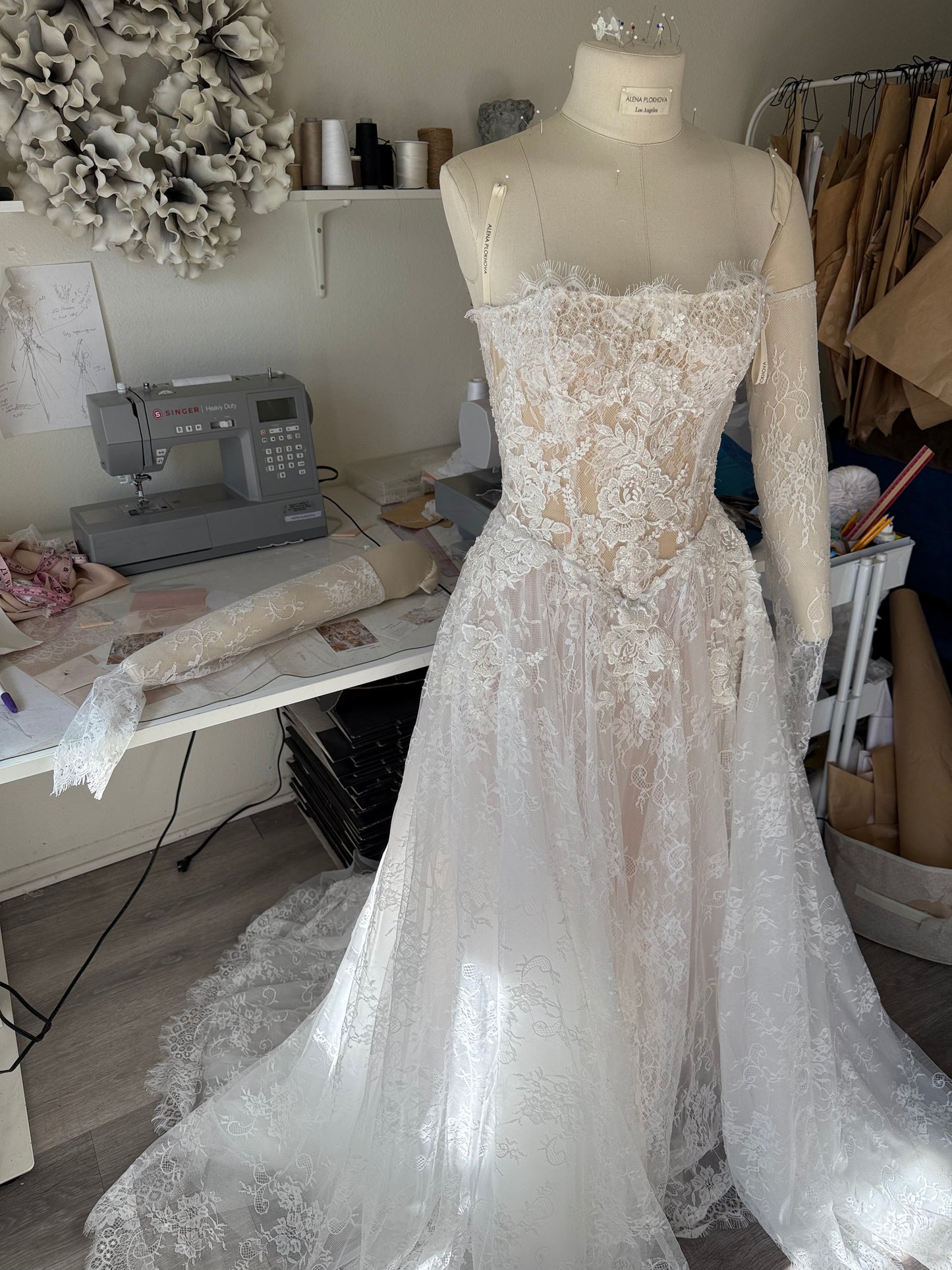 Barbara / Lace Wedding Dress With Straight Shape Corset And Detachable Sleeves