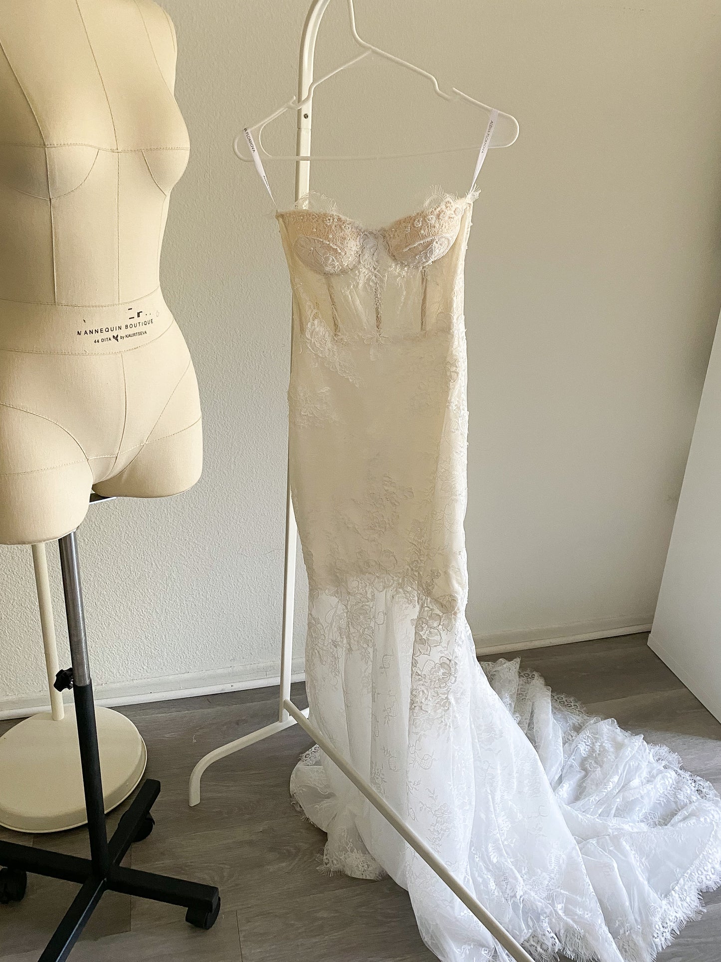 Anastasia/ Lace mermaid wedding dress with detachable sleeves.