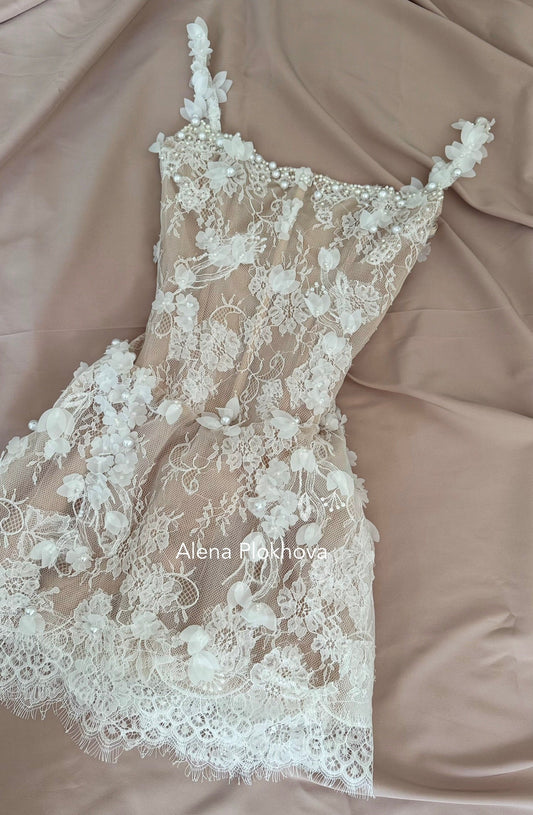 Amélie / Mini Nude Wedding Dress with 3D Floral Embroidery