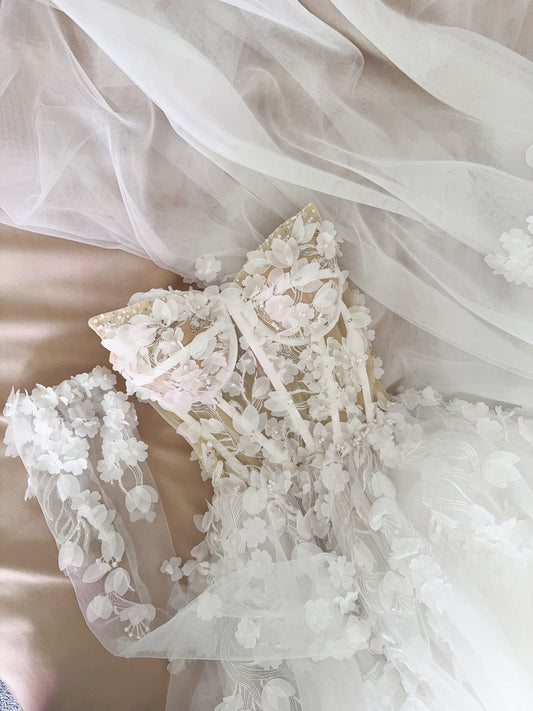 Briana /Lace Corset Wedding Dress With a Long Train and sleeves