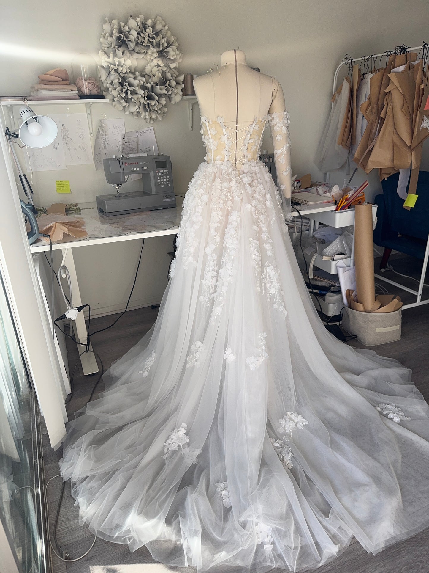 Briana /Lace Corset Wedding Dress With a Long Train and sleeves
