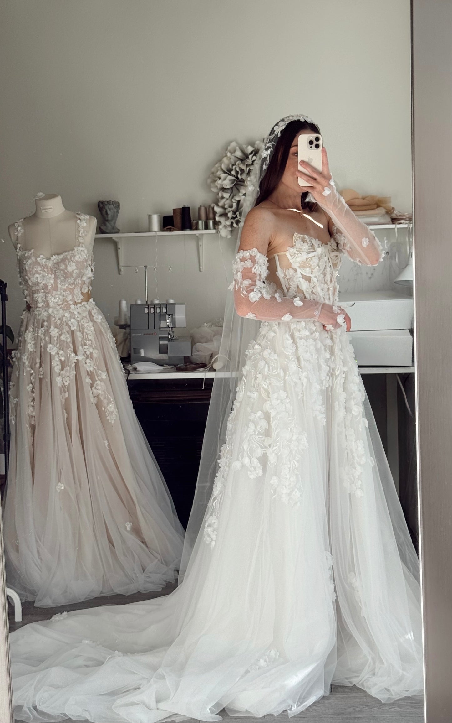 Briana /Lace Corset Wedding Dress With a Long Train and sleeves
