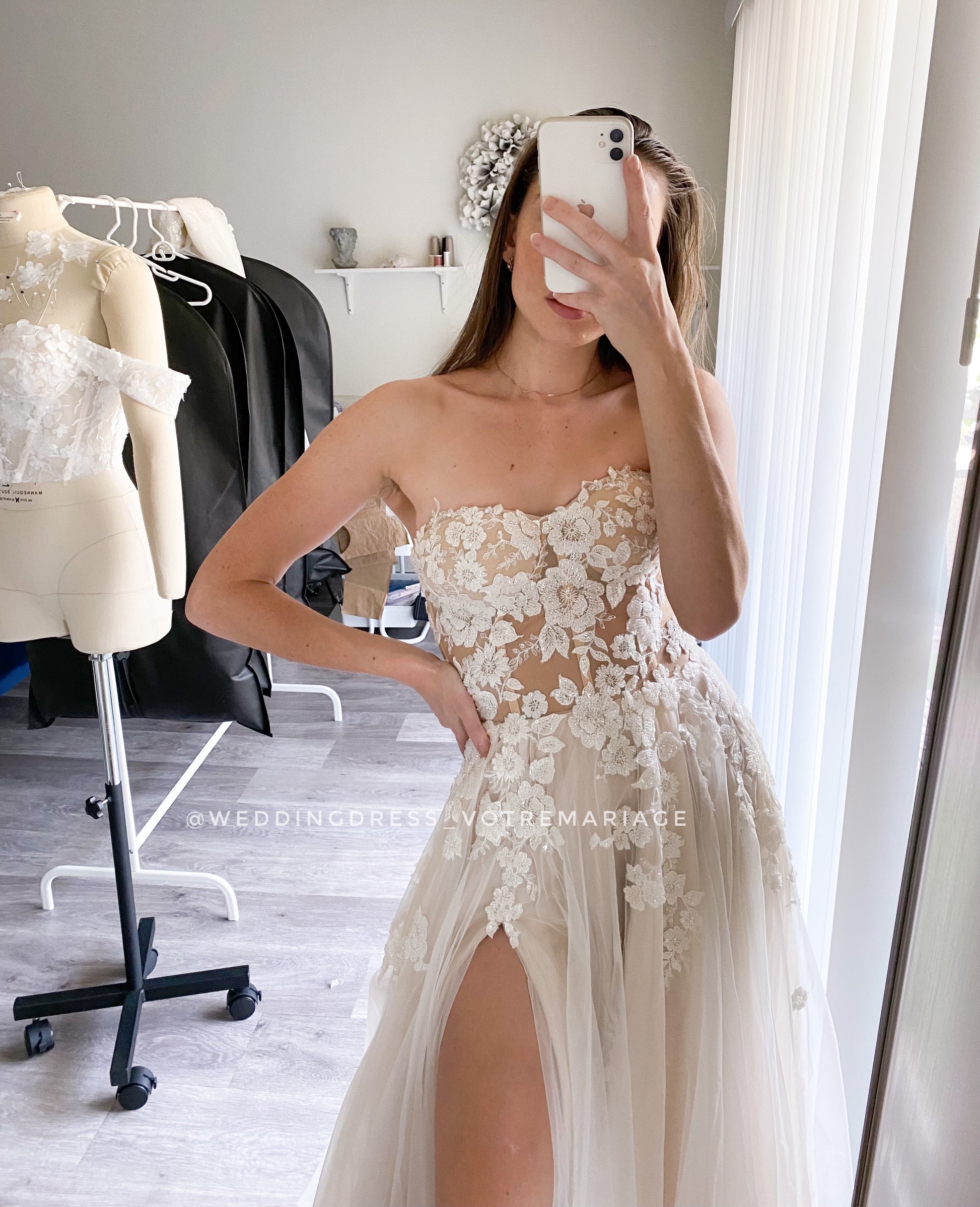 Assol / Nude Wedding Dress With High Slit