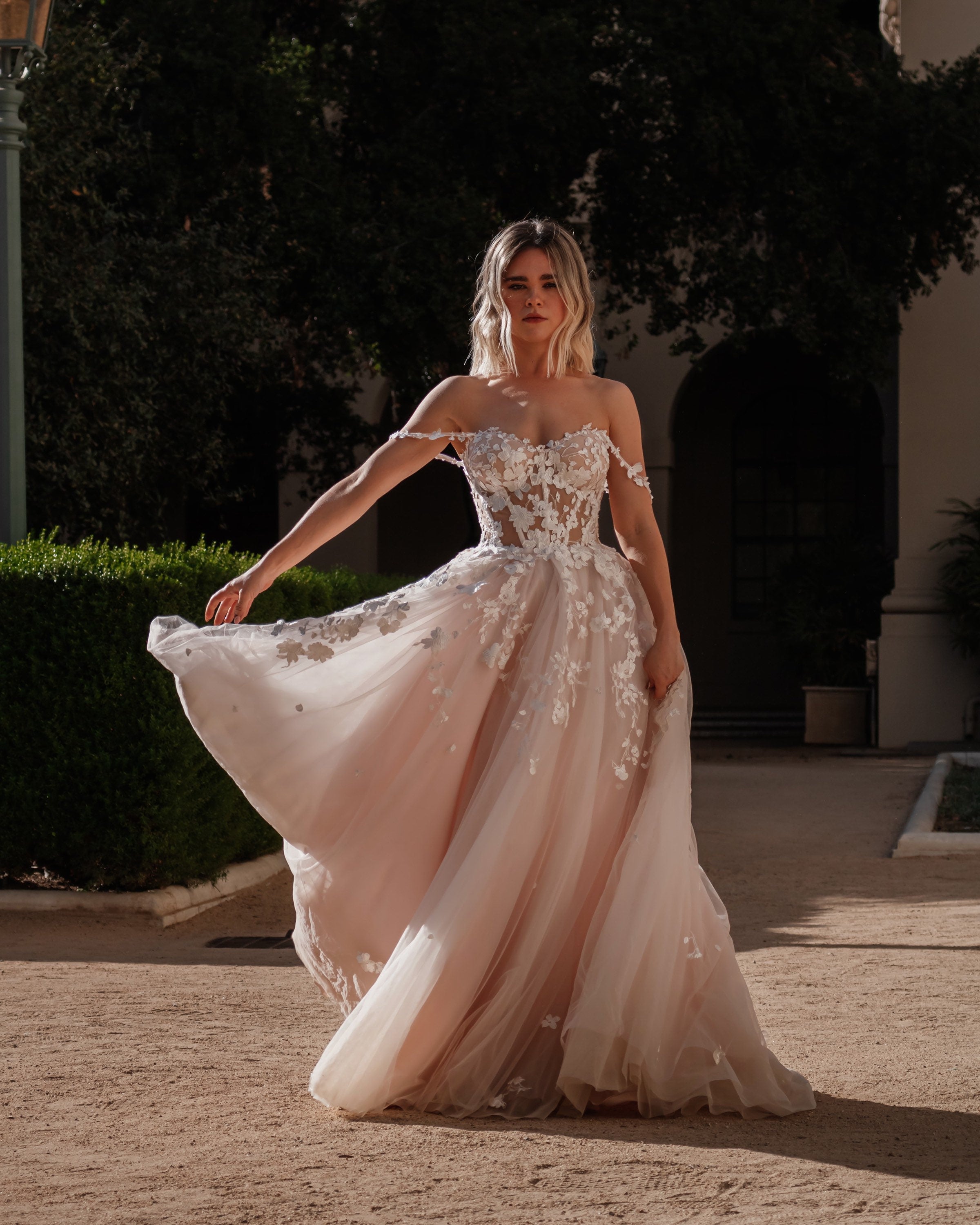 Luxury Beaded Blush Ball Gown Wedding Dress with Sleeves VW1972 – Viniodress